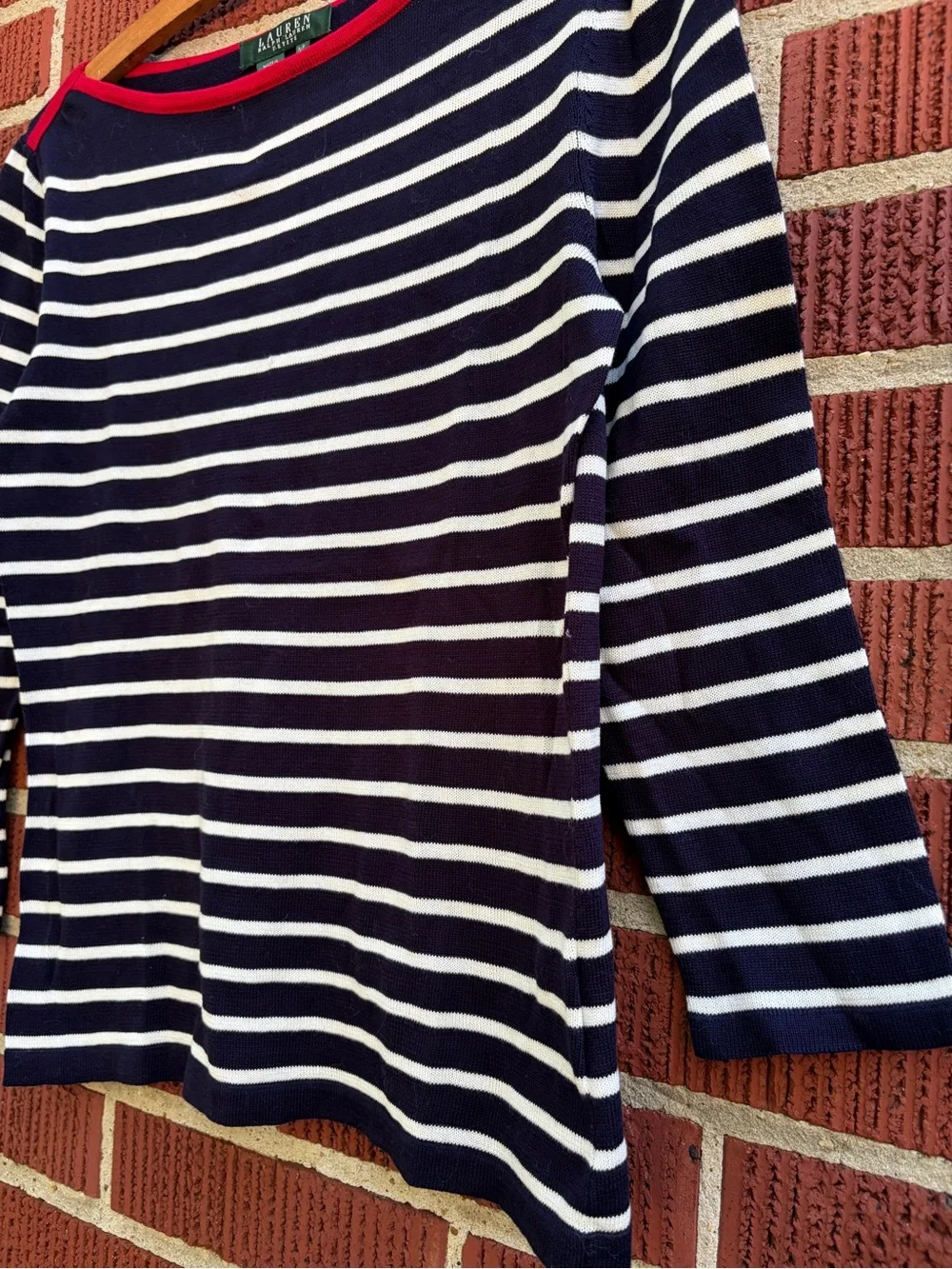 Ralph Lauren Navy and White Striped Boatneck Sweater with Red Trim